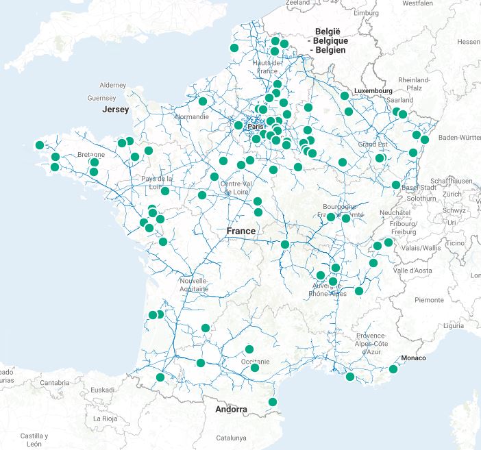 Carte des sites d'injection de biométhane