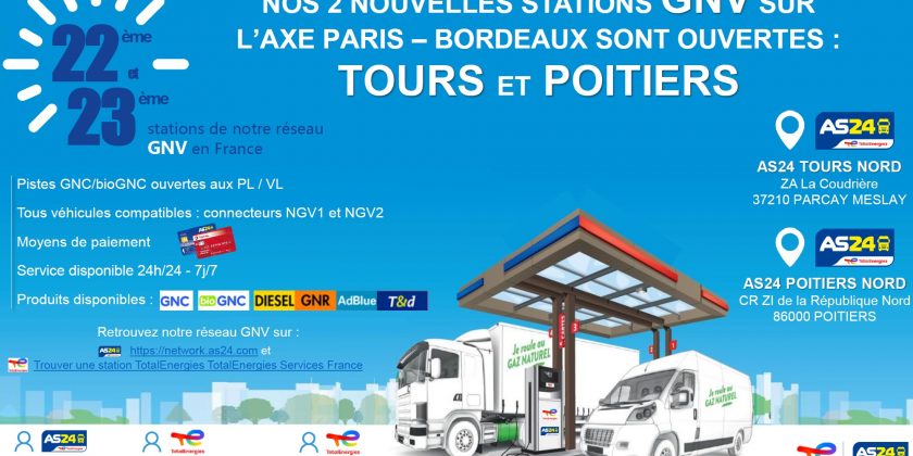 AS24 ouvre 2 nouvelles stations GNV en France : Tours Nord et Poitiers !